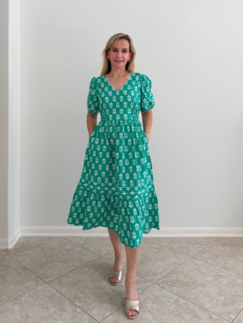 J.Crew Block Print Puff Sleeve Midi Dress Green Size 6 NWT